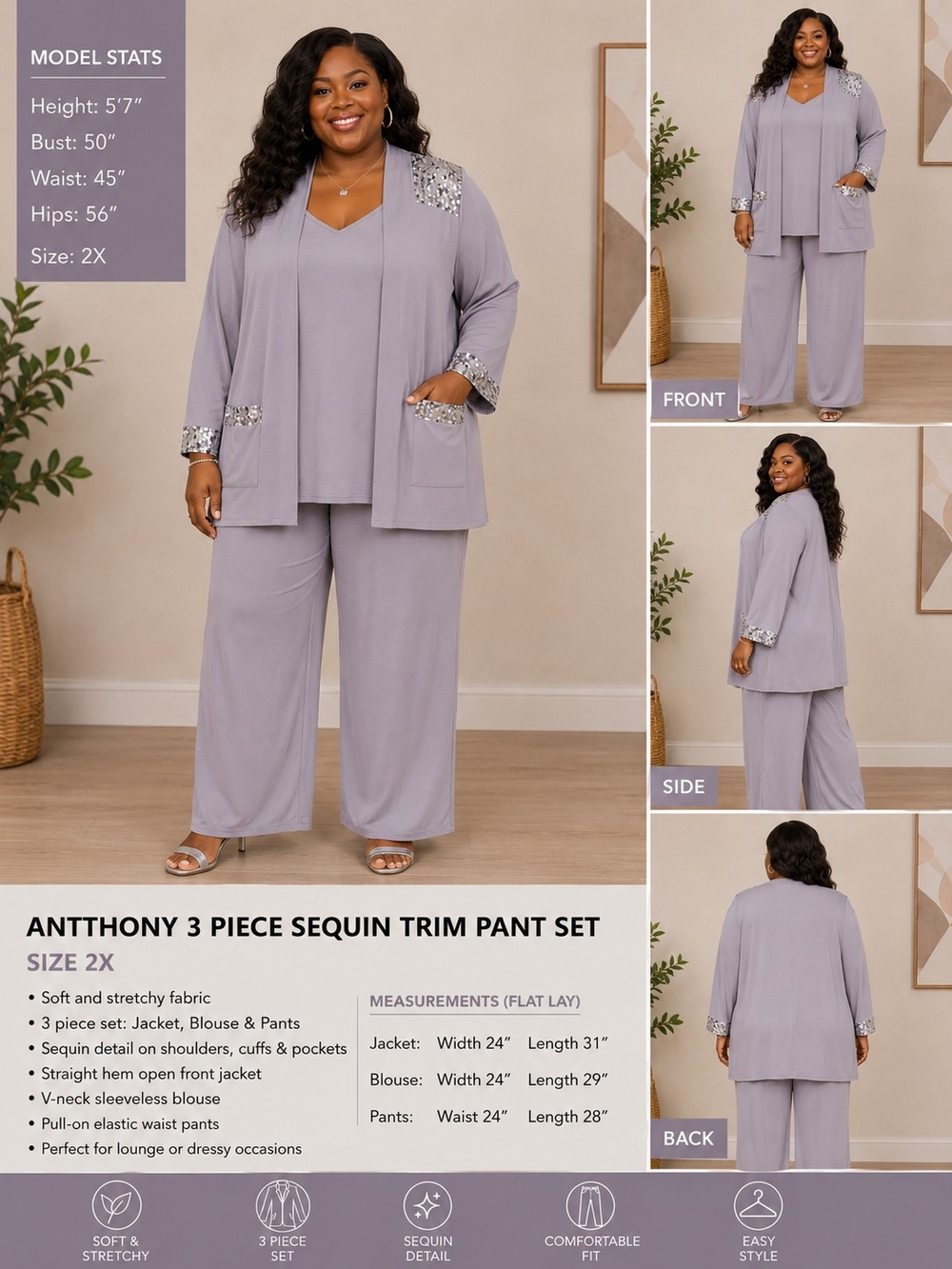 ANTTHONY 3 Piece Sequin Trim Lounge Set 2X Gray Lavender Jacket Tank Pants